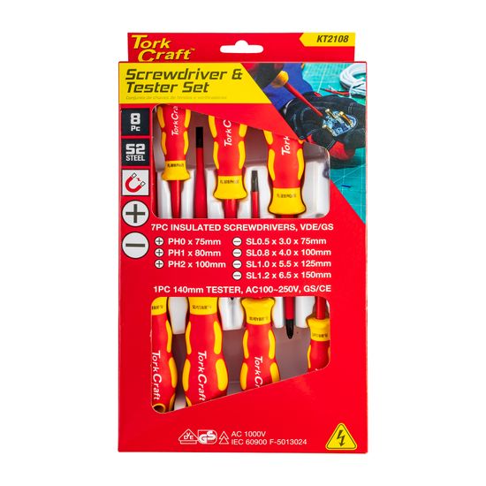 8pc Screwdriver & Tester Set Electricians Insulated Vde