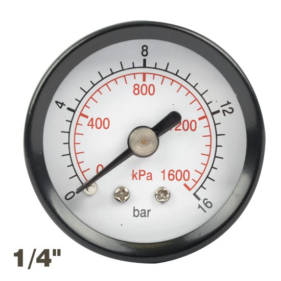 Press. Gauge 40mm 1/4" Rear Fit 0-16bar 0-1600kpa
