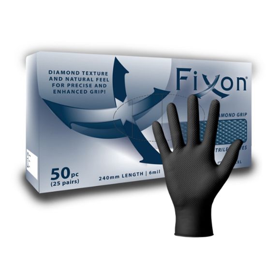 FIXON Nitrile Diamond Glove Textured 6mil 240mm Black M (50pcs/25 Pairs)