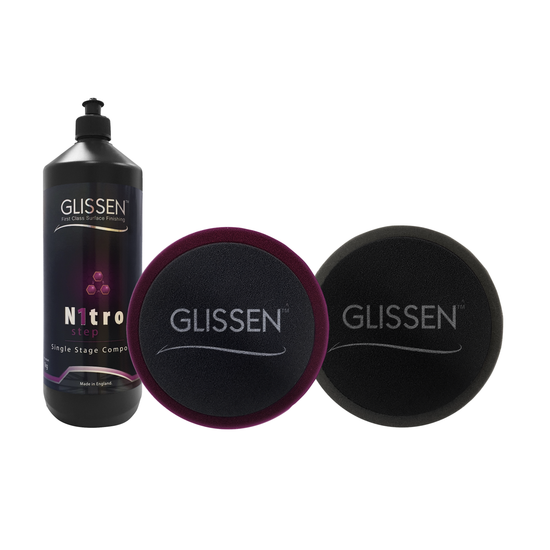 GLISSEN Nitro Single Stage Compound 1kg (incl X1 Purple Compounding Foam+ X1 Black Waffle Finishing Foam 150mm/6